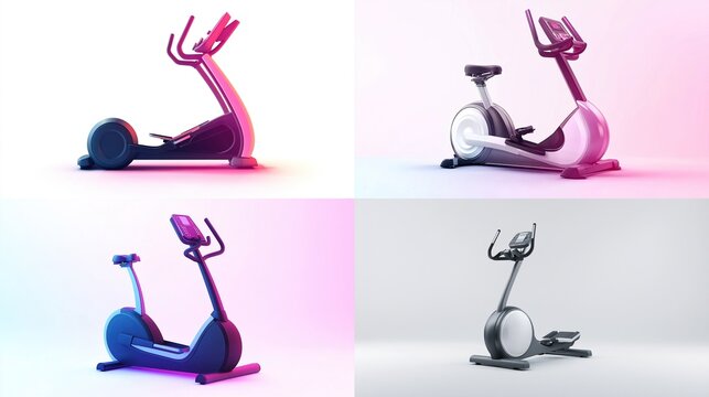 Four exercise stationary bicycles in various color schemes.  Modern design with adjustable handlebars and console