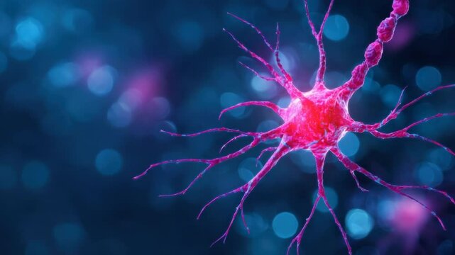 Microscopic view of a vibrant pink neuron with numerous dendrites and axons extending, set against a blurred blue background