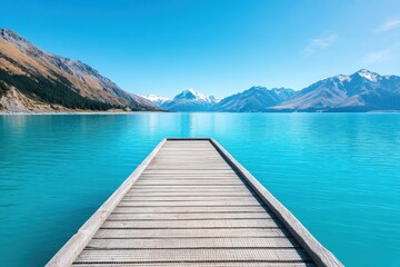 A wooden pier extends into a clear blue lake surrounded by mountains under a bright, sunny sky.