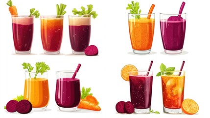 Assorted healthy fruit and vegetable juices in glasses.  Colorful vibrant drinks with fresh ingredients