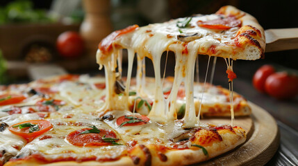 A Mouthwatering Slice of Heaven: Golden, Gooey Cheese Pulling Away from a Hot and Delicious Pizza, Ready to Be Enjoyed.