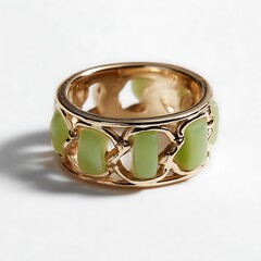 Elegant Gold Ring with Light Green Gemstones Close up Studio Shot.