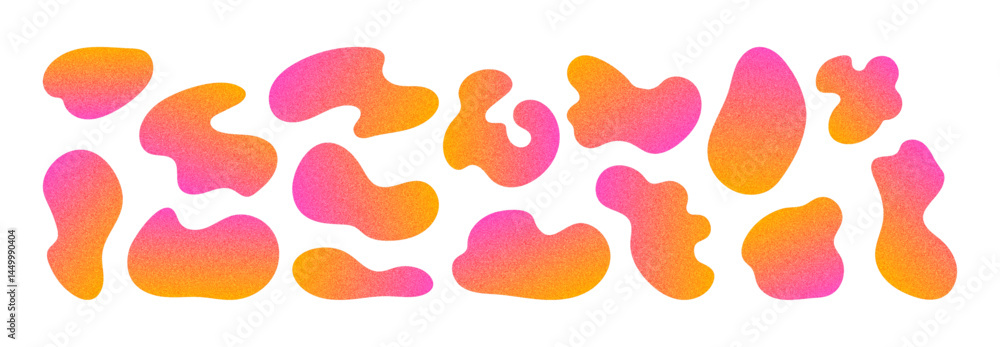 Poster amoeba shapes in neon gradient pink, orange colors. irregular blobs with a grainy effect. noise text