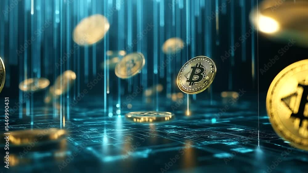 Poster shiny golden crypto coins floating in cyberspace, surrounded by neon blockchain nodes, representing 