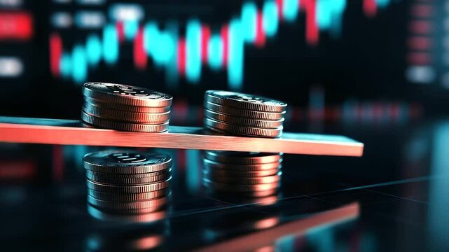 Shiny crypto coins balanced on a seesaw with a fluctuating digital trading chart in the background, symbolizing the unpredictability of cryptocurrency investments.