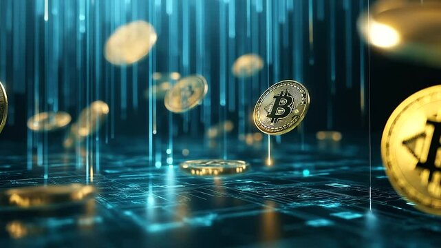 Shiny golden crypto coins floating in cyberspace, surrounded by neon blockchain nodes, representing the rise of digital decentralized finance.