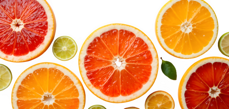 Citrus fruit wheel slices of grapefruit, orange, lemon, lime PNG set, cutout isolated on transparent background. Fresh drink garnish decoration graphic resource