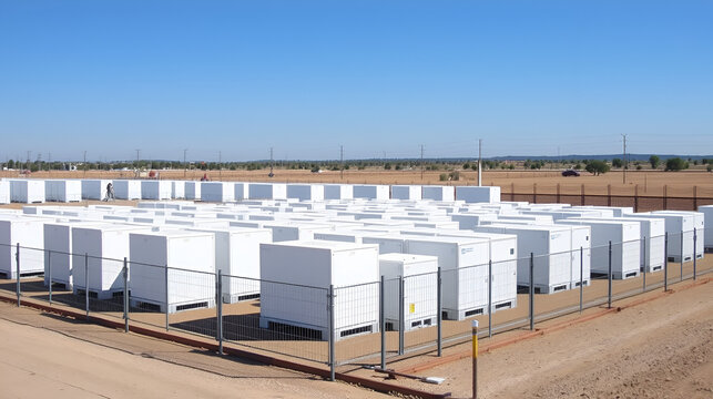 A largescale outdoor array of white lithiumion battery storage units, enclosed by a fence, under a clear blue sky. The installation occupies a substantial area.