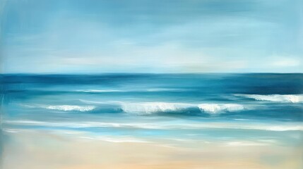 Obraz premium Serene ocean beach, calm waves, blue sky, tranquil scene