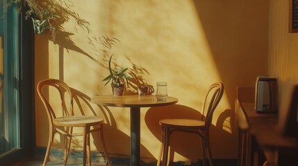 Sunny cafe, two chairs, plants, window, shadows