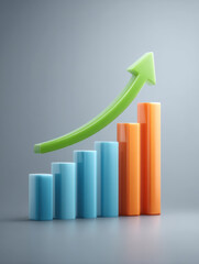 Colorful bar chart with blue and orange bars showing growth and green upward arrow symbolizing success and progress in business or finance