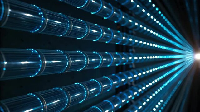 A captivating image of illuminated tubes in a parallel arrangement, creating a striking visual effect with blue light and shadows.