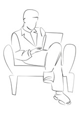 One continuous single drawing line art flat doodle laptop, man, working, chair, technology, business. Isolated image hand draw contour on a white background, hand drawn, not AI