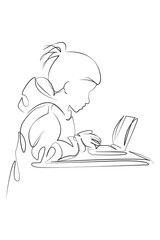 One continuous single drawing line art flat doodle child, education, laptop, studying, computer, girl, technology. Isolated image hand draw contour on a white background, hand drawn, not AI