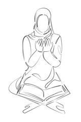 One continuous single drawing line art flat doodle woman, islam, religion, book, koran. Isolated image hand draw contour on a white background, hand drawn, not AI