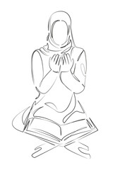 One continuous single drawing line art flat doodle woman, islam, religion, book, koran. Isolated image hand draw contour on a white background, hand drawn, not AI