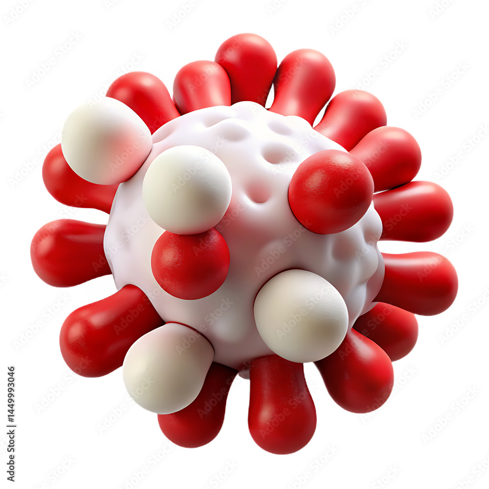 Poster detailed 3d render of a red and white virus particle on black backdrop