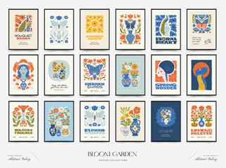 Abstract floral posters template. Modern trendy Matisse minimal style. Pink and blue colors. Hand drawn design for wallpaper, wall decor, print, postcard, cover, template, banner.