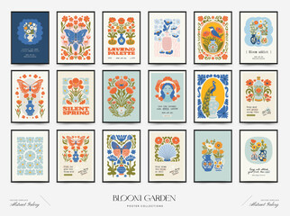 Abstract floral posters template. Modern trendy Matisse minimal style. Pink and blue colors. Hand drawn design for wallpaper, wall decor, print, postcard, cover, template, banner.