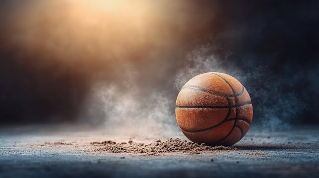 Basketball on dusty concrete floor, dramatic lighting