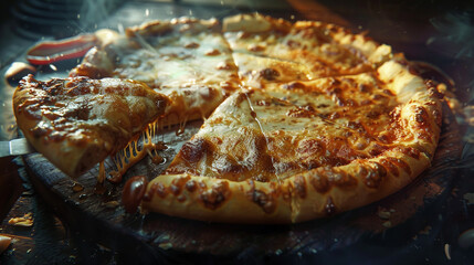 The Irresistible Pull of Cheesy Goodness: A Slice of Hot Pizza is Elevated, showcasing the Beautiful Melt and Tempting Texture of the Abundant, Golden Brown Cheese.
