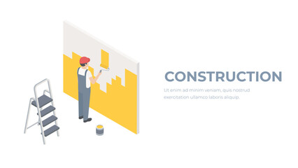 Vector home renovation isometric illustration. Professional worker with painting roller, tray, brush, ladder with bucket of paint and cloth. Painting walls, house construction concept. Isolated. © Hollypixel