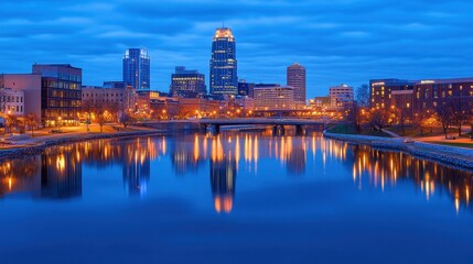 Fototapeta premium City skyline at dusk reflected in calm river waters with modern bridges and towers
