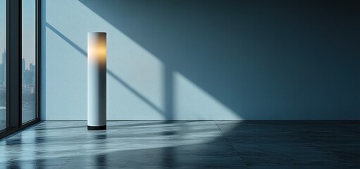 Modern Minimalist Interior Design: Illuminated Cylinder Lamp in a Spacious Room