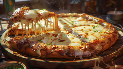 The Irresistible Pull of Cheesy Goodness: A Slice of Hot Pizza is Elevated, showcasing the Beautiful Melt and Tempting Texture of the Abundant, Golden Brown Cheese.