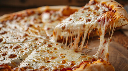 A Mouthwatering Slice of Heaven: Golden, Gooey Cheese Pulling Away from a Hot and Delicious Pizza, Ready to Be Enjoyed.