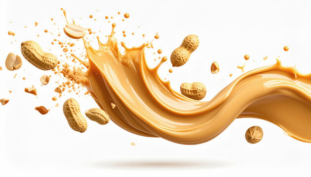 Creamy peanut butter splash with flying peanuts