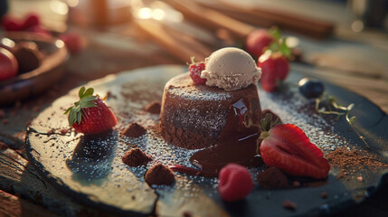 A Sprinkle of Sweet Magic: Powdered Sugar Gently Falls Upon a Rich Chocolate Cake Topped with Vanilla Ice Cream and Fresh Berries, Creating an Elegant Dessert Moment.