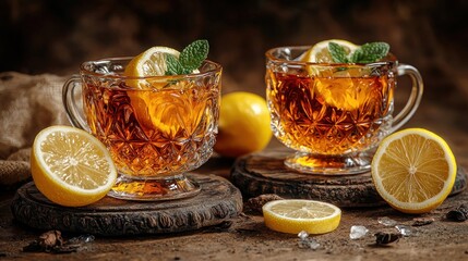 Two cups of tea with lemons, fresh mint, rustic decor