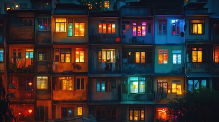 A vibrant urban scene with illuminated windows in a multi-story building at night.