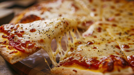A Mouthwatering Slice of Heaven: Golden, Gooey Cheese Pulling Away from a Hot and Delicious Pizza, Ready to Be Enjoyed.