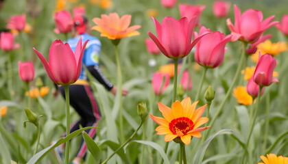 Colorful Tulips And Runners In Spring Garden