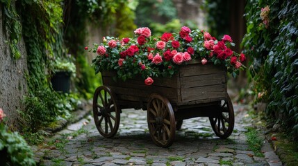 Fototapeta premium A wooden cart filled with vibrant roses in a charming, overgrown alleyway.