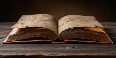 Open old book with yellowed, worn pages lies on rustic wooden table, evoking sense of history and timeless knowledge in warm, dimly lit setting