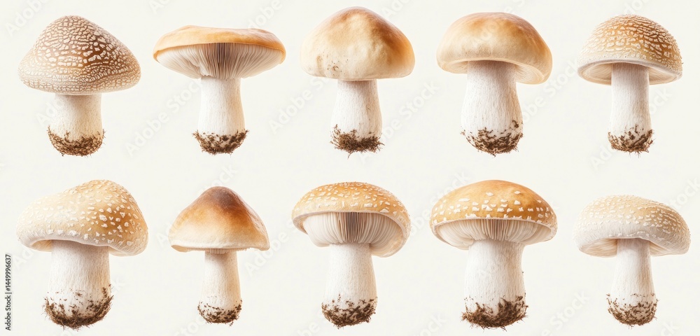 Poster collection of various mushrooms displayed on a light background for nature and culinary use