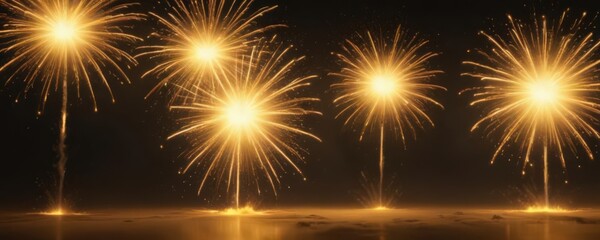 Naklejka premium Golden fireworks burst, vibrant yellow flames, wide angle , display, bright, spark