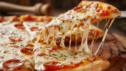 A Mouthwatering Slice of Heaven: Golden, Gooey Cheese Pulling Away from a Hot and Delicious Pizza, Ready to Be Enjoyed.