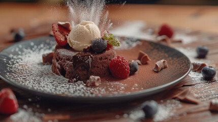 A Sprinkle of Sweet Magic: Powdered Sugar Gently Falls Upon a Rich Chocolate Cake Topped with Vanilla Ice Cream and Fresh Berries, Creating an Elegant Dessert Moment.