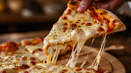Stretching Perfection: A Hand Lifts a Slice of Delicious Pizza, Revealing Long, Gooey Strands of Melted Cheese that Promise a Truly Indulgent and Satisfying Bite.