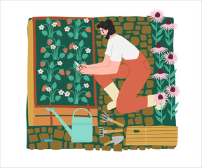 Cute illustration of a farmer working in the garden. Great for agricultural, organic lifestyle, and rural living concepts