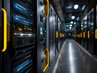 Obraz premium Modern data center corridor with rows of black server racks illuminated by blue and yellow LED lights, creating high tech and futuristic atmosphere