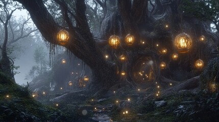 Naklejka premium A mystical forest scene illuminated by glowing lanterns and ethereal lights.