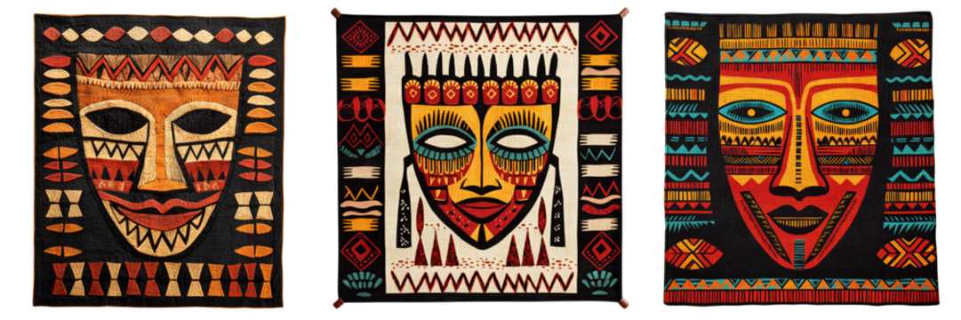 Vibrant tribal masks with abstract patterns and faces