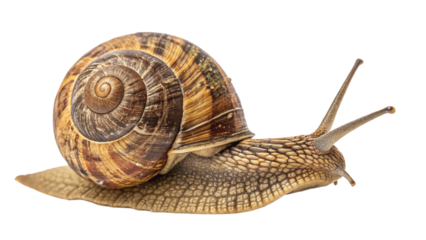 A determined snail embarks on its slow journey, its intricately patterned shell gleaming against a stark white background.