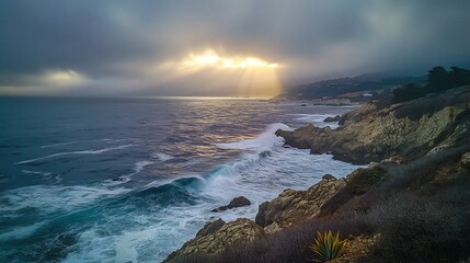 Overcast ocean scene dramatic light breaking through clouds cool gradient from blue to purple waves crashing on rugged rocks dynamic water movement intense atmosphere