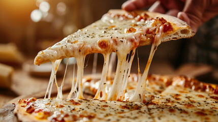 Stretching Perfection: A Hand Lifts a Slice of Delicious Pizza, Revealing Long, Gooey Strands of Melted Cheese that Promise a Truly Indulgent and Satisfying Bite.
